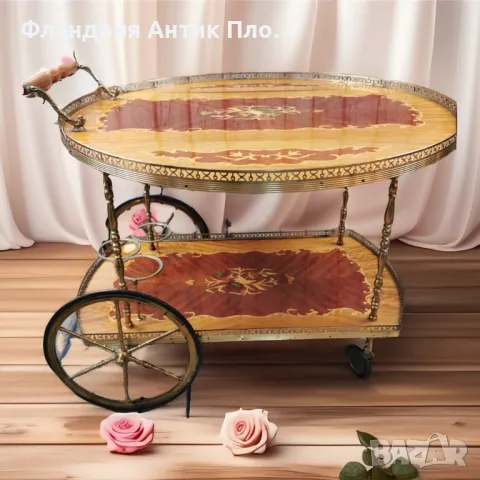 Старинна количка за сервиране с интарзия, снимка 2 - Антикварни и старинни предмети - 43322689