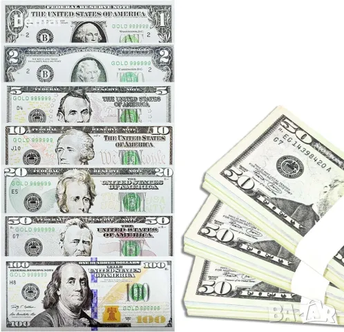 140 бр. фалшиви пари долари, фалшиви банкноти, 7 модела, снимка 1