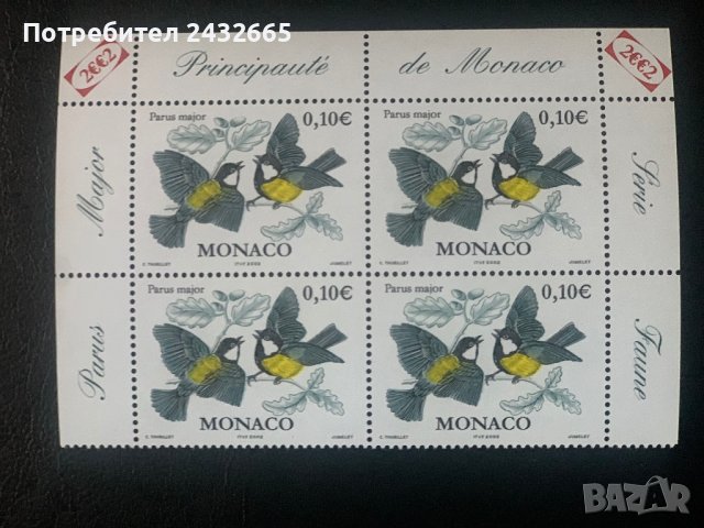 340. Монако 2002 = “ Фауна. Птици. Parus major”, **, MNH ,Каре