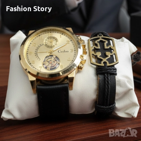 Елегантен мъжки комплект – часовник с черна каишка и гривна с метален щит, снимка 6 - Мъжки - 51937516