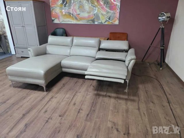 Сив кожен ъглов диван с електрически релаксиращ механизъм, снимка 10 - Дивани и мека мебел - 43429018