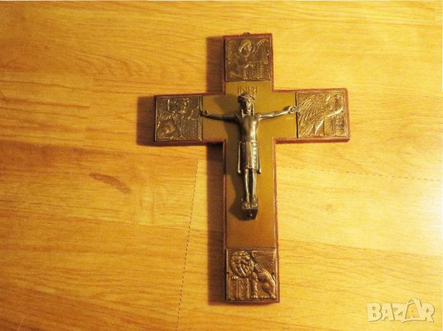 Стар кръст разпятие Христово, Исус Христос 22 х 16 см  със орнаменти и  светии от бронз религия, снимка 2 - Антикварни и старинни предмети - 35417142