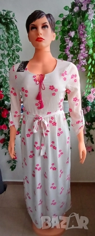 Бяла дълга кенарена рокля с розови цветя., снимка 6 - Рокли - 46877640