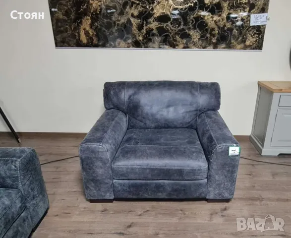 Сив кожен комплект тройка и фотьойл - телешки бокс, снимка 6 - Дивани и мека мебел - 50059154