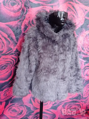 Сив металик палто от еко косъм с пухкава качулка ХЛ  , снимка 6 - Палта, манта - 47578024
