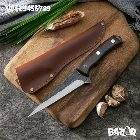 Ловен,ръчно кован нож 5Cr15Mov, кожен калъф, 140х275 мм, снимка 3 - Ножове - 50770605