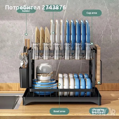 Сушилник за съдове,с преливник, с поставка за прибори и чаши, черен, размери 42 x 30 x 30 cm , снимка 6 - Други - 49873424