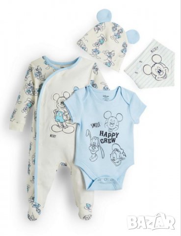 Бебешки комплект от 4 части бандан,шапка,боди и ромпър Мики Маус 
