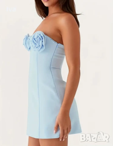 Светлосиня рокля с рози S и М размер – нежност и изящество, снимка 4 - Рокли - 51372817