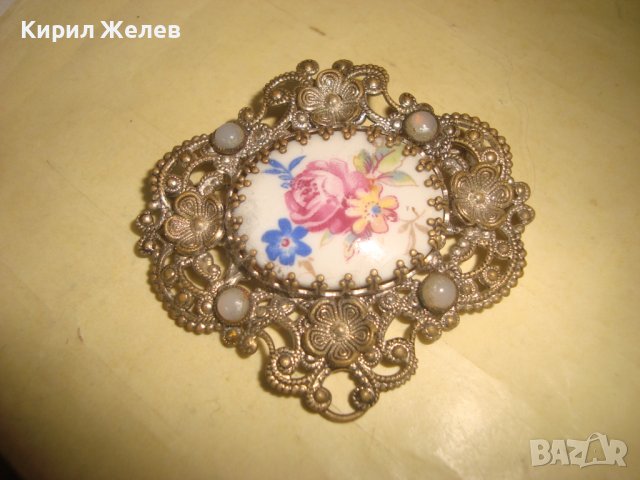 СТАРА ФИЛИГРАННА БРОНЗОВА СКЪПОЦЕННА ПРЕКРАСНА АР НУВО БРОШКА РИСУВАН ПОРЦЕЛАН 27913, снимка 5 - Антикварни и старинни предмети - 37127839