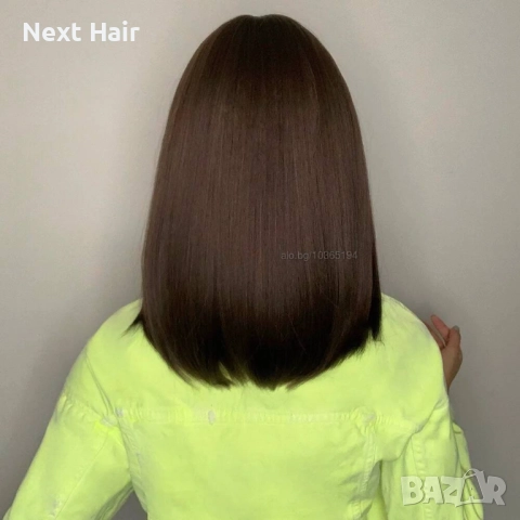 Тъмно кафява 40 см синтетична перука с бретон, снимка 3 - Аксесоари за коса - 52900095