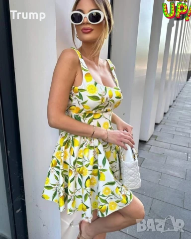 Сладка къса Рокля с лимонов принт, соренто, снимка 3 - Рокли - 50685597