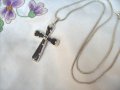 Сребърен Кръст с Черни Оникси, снимка 1 - Колиета, медальони, синджири - 26852152