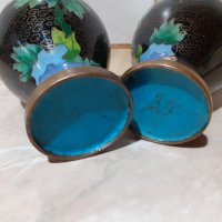 Cloisonne Клоазоне Двойка стари вази бронз клетъчен емайл, снимка 4 - Антикварни и старинни предмети - 43202732
