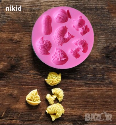 7 Символи на късмет златна рибка риба Lucky Cat  силиконов молд форма бонбони фондан торта фондан , снимка 1