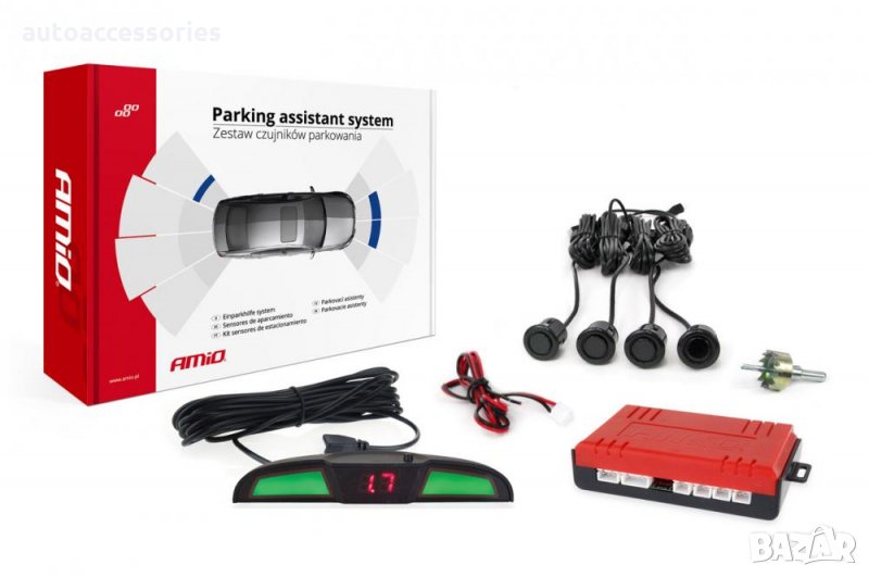 3000052370 Комплект сензори за паркиране заден ход Amio, MAX LED, 4 черни сензора Gold, 02284, ASAMI, снимка 1