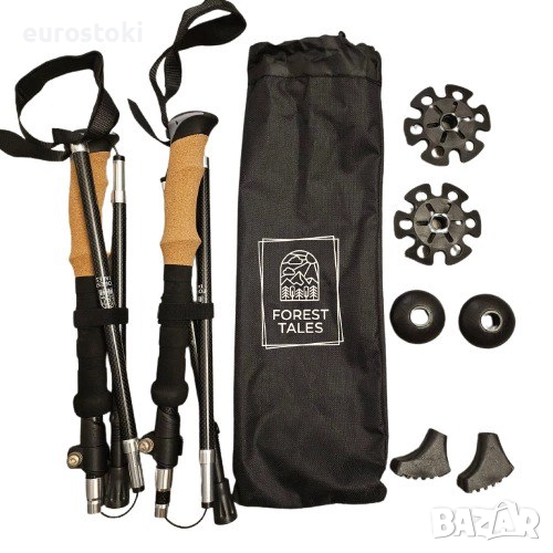Карбонови трекинг щеки Forest tales с дръжките от корк - Сгъваеми ултра леки карбонови туристически , снимка 1