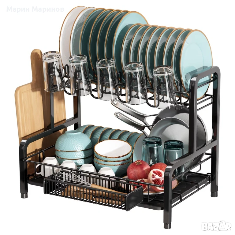 Двуетажна сушилня за чинии от неръждаема стомана с подложка - Черно., снимка 1