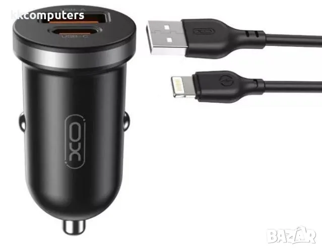12V Зарядно за автомобил XO-CC56 30W/ PD, USB QC 3.0 / Lightning(iPhone) USB кабел / Черен / Баркод , снимка 1
