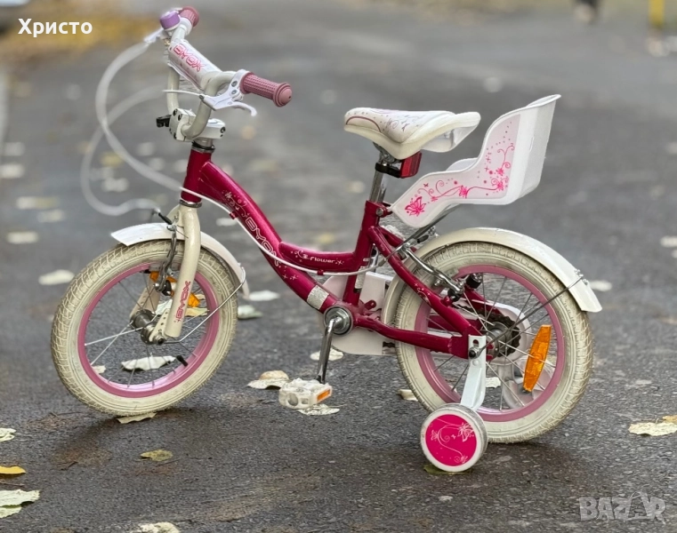 Велосипед за момиче 14" Flower Pink, с помощни колела, снимка 1