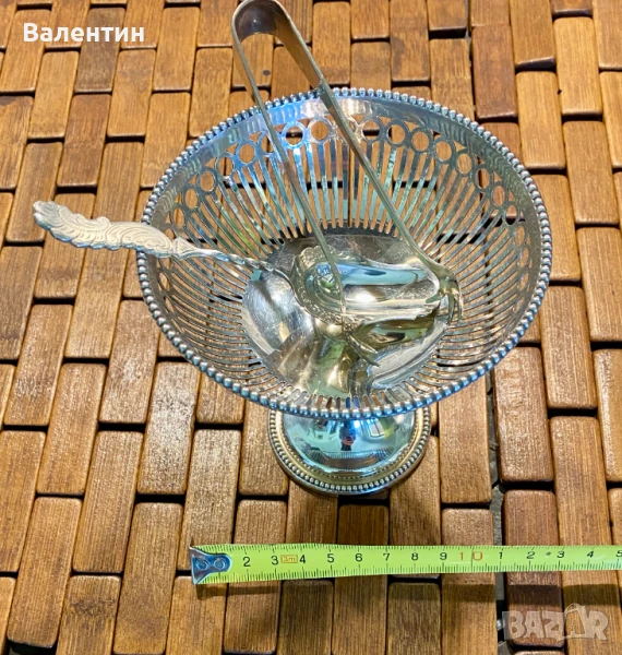 #2504# Комплект: купа за бонбони + лъжица + щипки. Винтидж. Посребрен. Маркиран. От Холандия., снимка 1