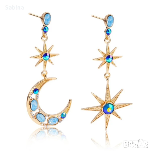 Асиметрични висящи обеци Слънце и Луна в златен цвят , снимка 1