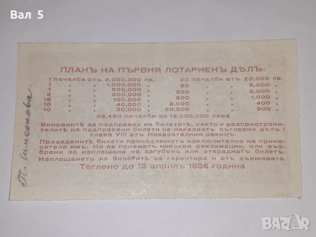 Стар лотариен билет , Царство България - 1936 г, снимка 2 - Колекции - 39293005
