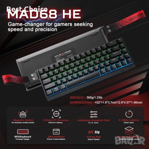 Гейминг клавиатура с магнитни Madlions Mad 68 HE , снимка 5 - Клавиатури и мишки - 52817554