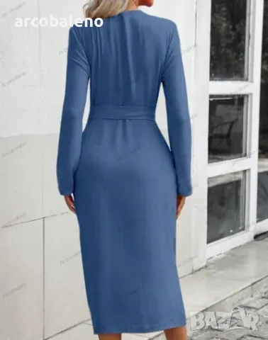 Дамска едноцветна работна рокля с ревер и колан, 9цвята , снимка 3 - Рокли - 48507913