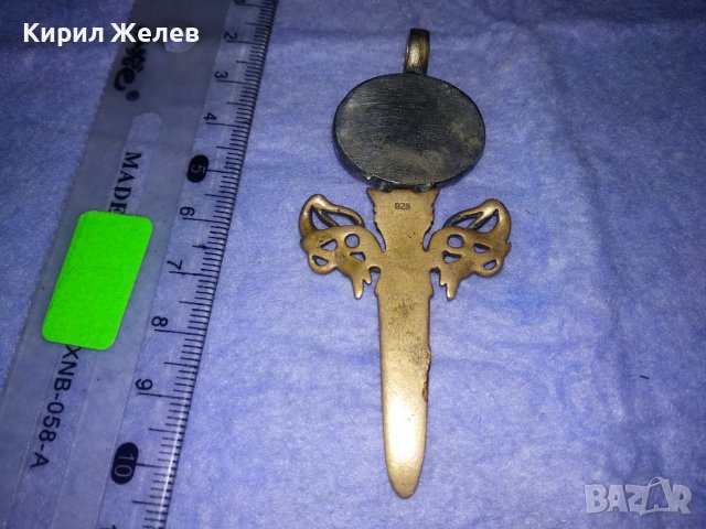 ГОЛЯМ БРОНЗОВ НЕО БАРОК ВИНТИДЖ АРТ ПЕНДАНТ МЕЧ с ПЕЧАТ 925 и ЮВЕЛИРНО ФАСЕТИРАН ЧЕРВЕН КАМЪК 34435, снимка 4 - Антикварни и старинни предмети - 39677167