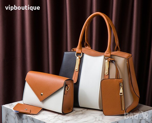 Шарена трицветна кожена дамска чанта комплект, снимка 3 - Чанти - 43011235