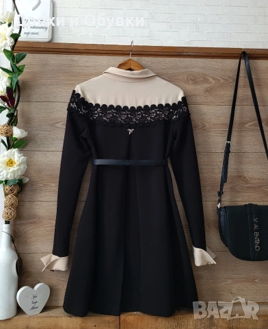 Елегантна рокля с дантела и джобове черно и бежово , снимка 4 - Рокли - 51863448