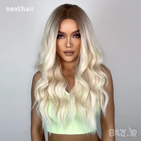 Висококачествена светло руса чуплива перука с тъмни корени на път, снимка 8 - Аксесоари за коса - 50101540