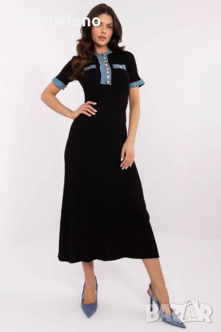 Дамска черна плетена рокля с къс ръкав., снимка 2 - Рокли - 52912909