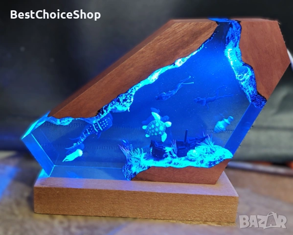 3D смола океански живот, нощна лампа с дървена основа – Многоцветна, снимка 4 - Декорация за дома - 53200533