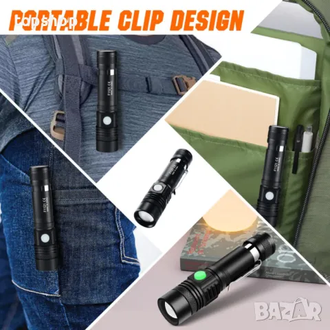 NAKCNM 2 броя мини LED фенерче, акумулаторно, 4 режима, джобна щипка, регулируем фокус, вкл. батерии, снимка 7 - Лампи за стена - 50303030