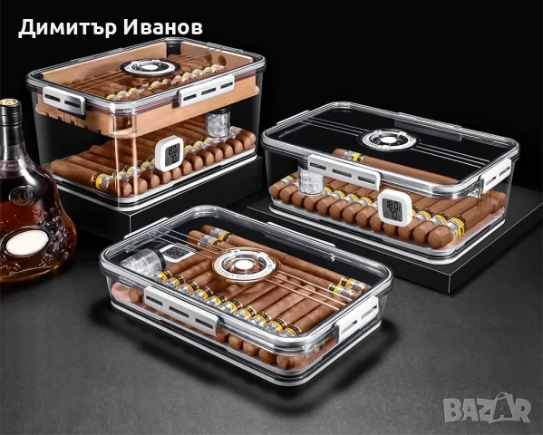 Прозрачен хумидор за пури от полипропилен в три размера със дигитален хидрометър