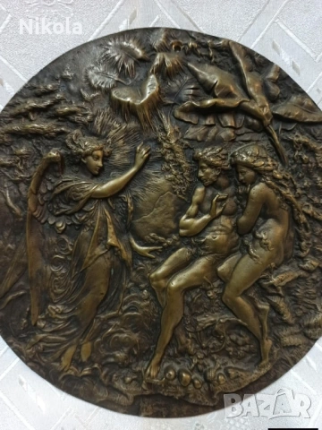 Антикварна масивна бронзова релефна плоча-барелеф изобразяваща Адам Ева, снимка 5 - Антикварни и старинни предмети - 53122373
