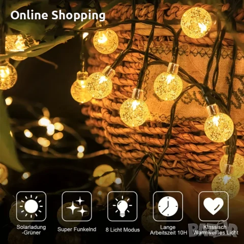 Соларни LED крушки тип гирлянд, външни лампи за двора, градината, терасата, снимка 6 - Лед осветление - 50463143