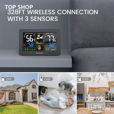 Метеорологична станция Newentor  цветна с 3 външни сензора, снимка 2 - Друга електроника - 48540507