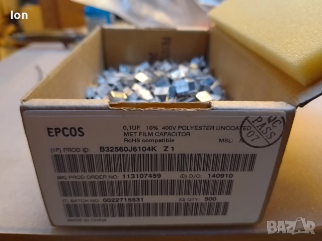 0.1uF/400V Epcos безиндуктивни, полиестерни кондензатори с растер 10мм - цената е за 100 броя , снимка 2 - Друга електроника - 51160718