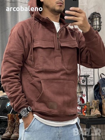 Мъжки едноцветен суичър с много джобове с качулка, 6цвята, снимка 4 - Суичъри - 44019407