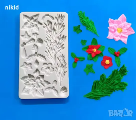 Голям Коледен коледна звезда борови клони клонки имел бръшлян силиконов молд форма фондан торта, снимка 5 - Форми - 26581746