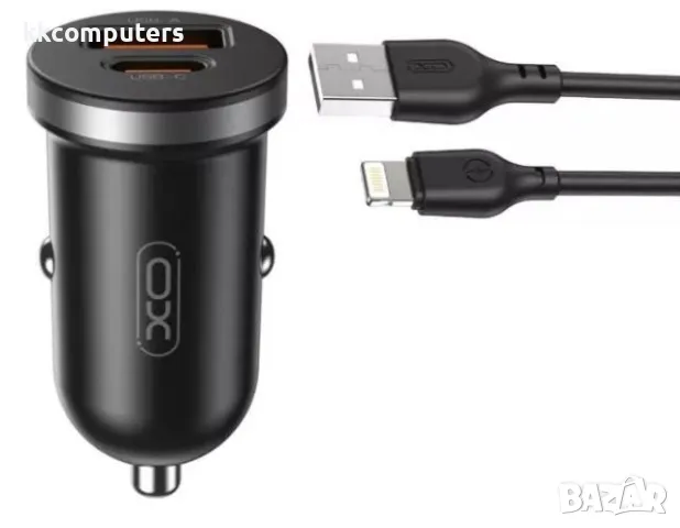 12V Зарядно за автомобил XO-CC56 30W/ PD, USB QC 3.0 / Lightning(iPhone) USB кабел / Черен / Баркод 