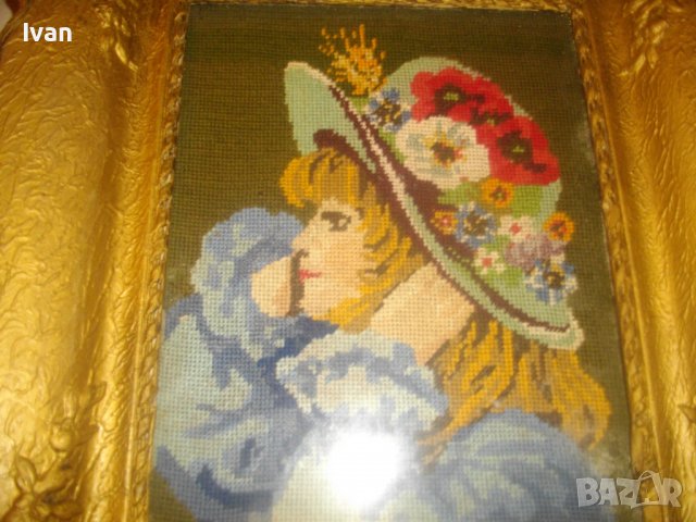 Стар/Старинен DMC Гоблен-Ръчно Нашиван-Германия-Рамкиран-Гипс-460х390мм-Момиче С Боне-ОТЛИЧЕН, снимка 11 - Гоблени - 37088937
