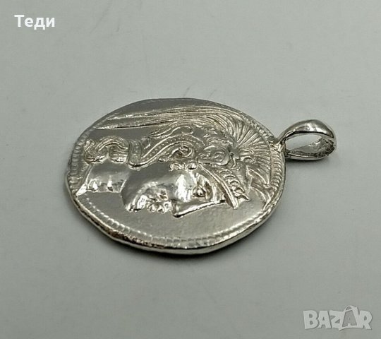 Сребърен медальон – монета, подражание  на антична монета от Атина, с подарък връзка, снимка 5 - Колиета, медальони, синджири - 32346397