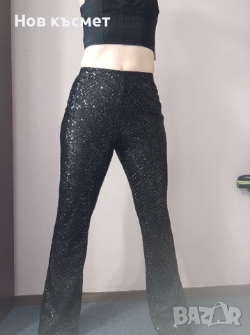 Нов панталон Н&М с пайети, черен, сребристи пайети, размер S и XS, снимка 2 - Панталони - 52656462