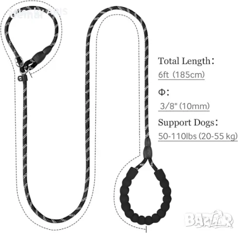 TagME Каишка за куче, 1.8м, отразяваща, мека, черна, снимка 2 - За кучета - 49825025