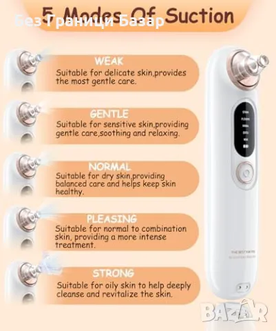 Нов уред лице Вакуум за черни точки – 5 режима, 4 накрайника, зарядна стойка, снимка 2 - Други - 49743132