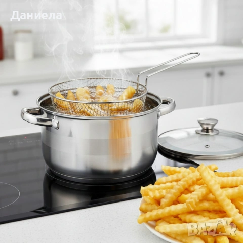 Тенджера с кошница за пържене и стъклен капак Cheffinger Ø24 см – инокс, 6,5 л, за всички котлони, снимка 3 - Съдове за готвене - 53180940